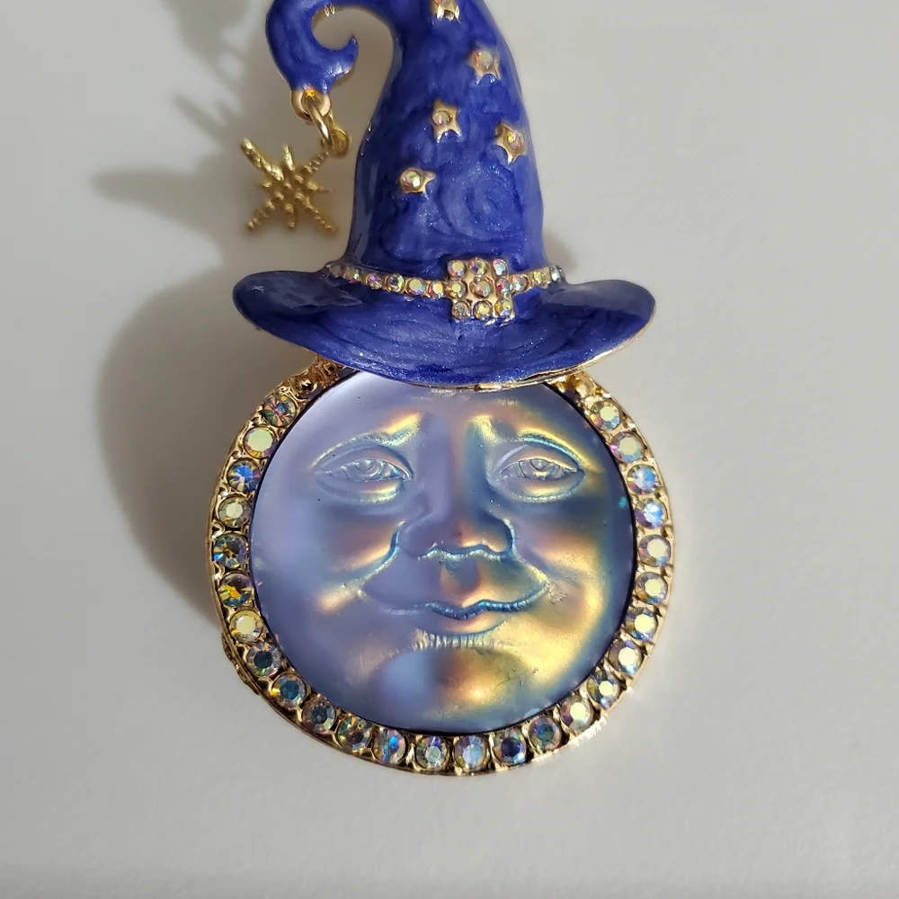 Moon Witch brooch pin enamel vintage style New 18k GP Swarovski crystals Ab - Picture 3 of 13